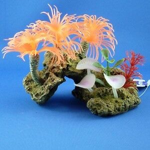 New Kazoo Orange Soft Tree Coral with Rock Aquarium Ornament